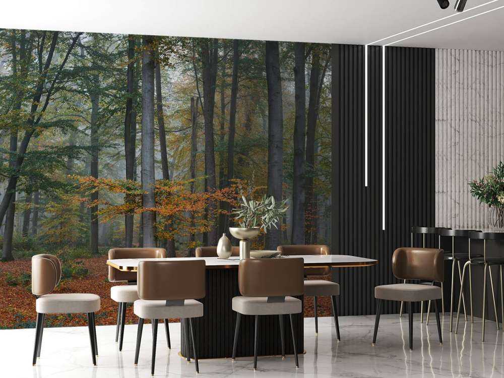 Herbstfarben im nebligen Wald