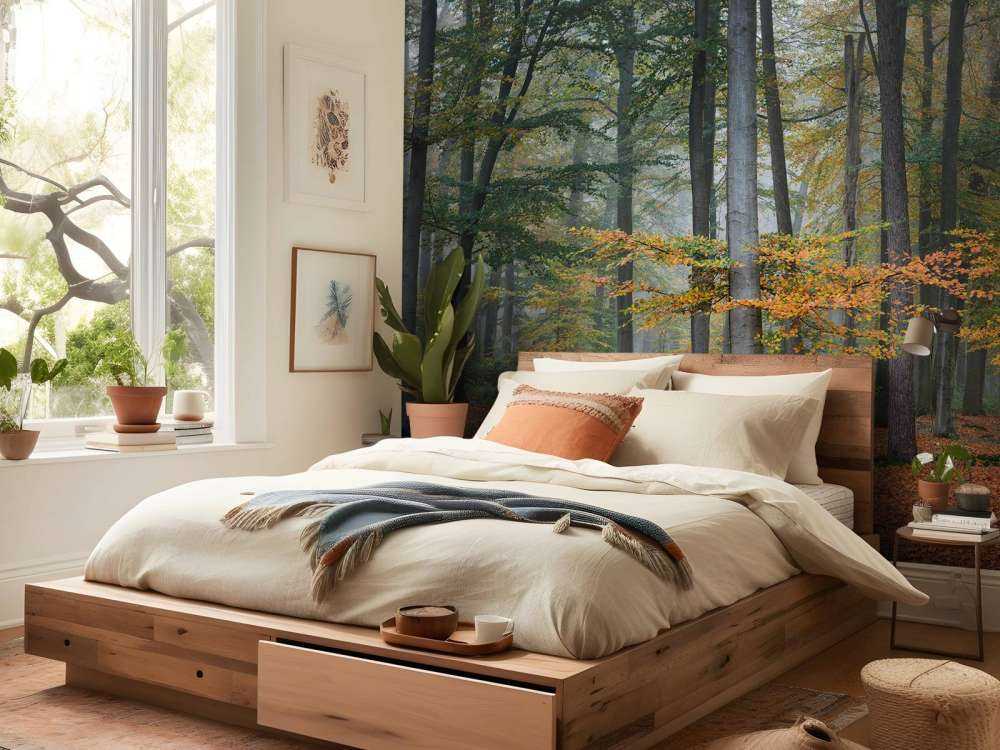 Herbstfarben im nebligen Wald