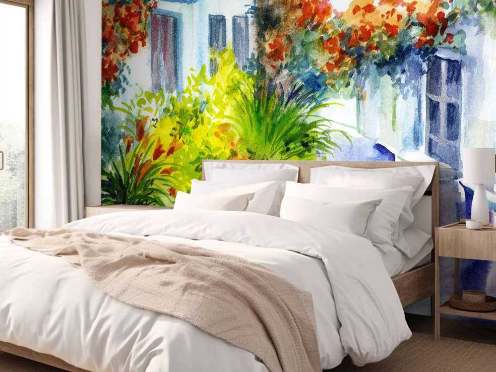 Aquarell Blumen und Gebäude