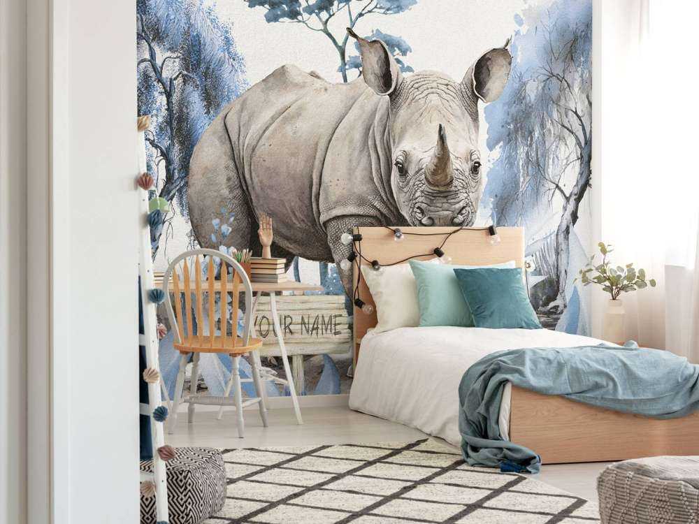 Baby-Nashorn in der Savanne blau
