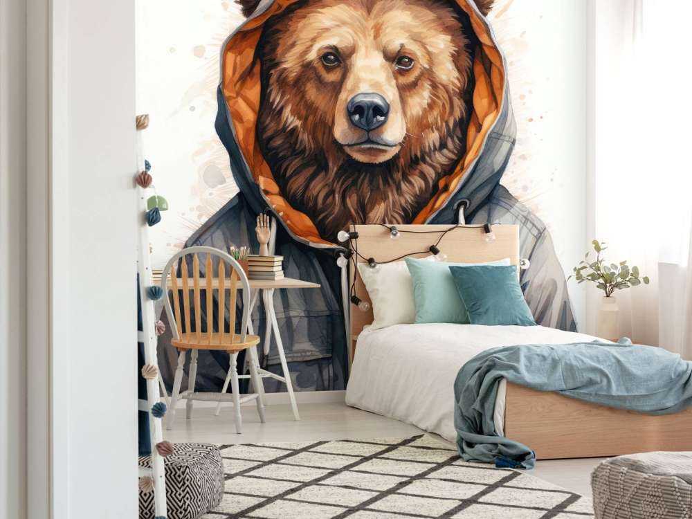 Aquarell-Cartoon-Grizzlybär in einem Hoodie