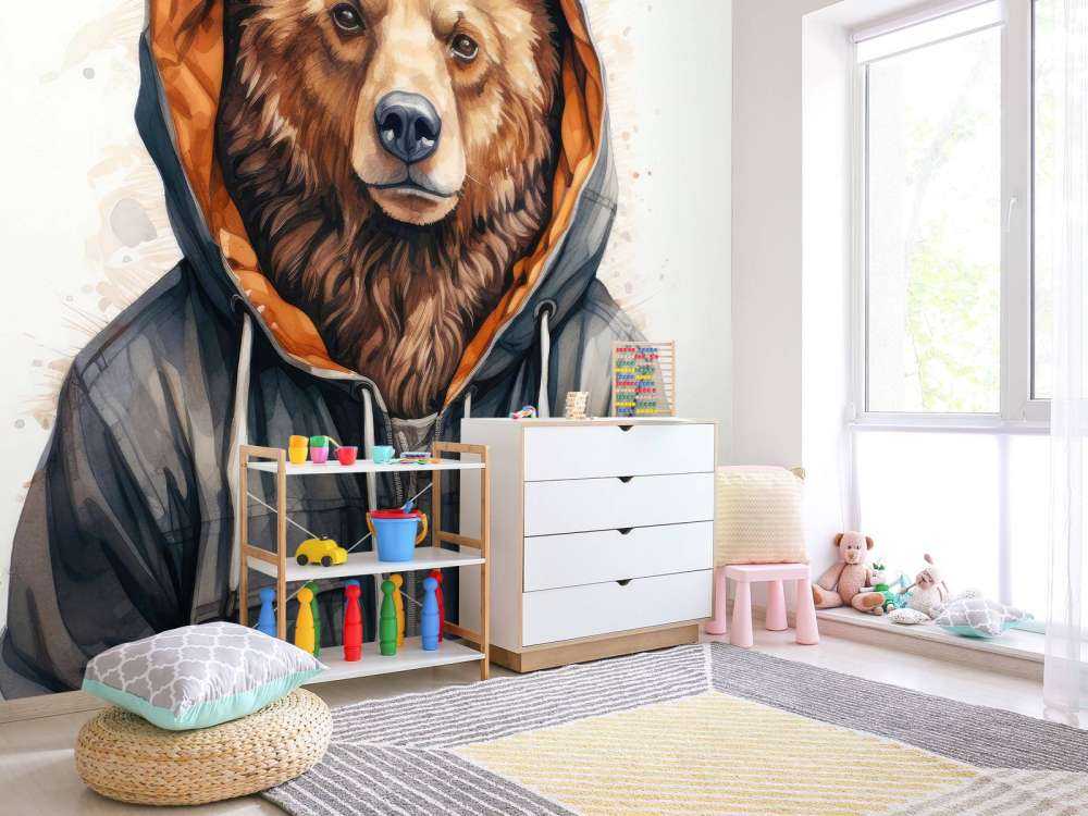Aquarell-Cartoon-Grizzlybär in einem Hoodie