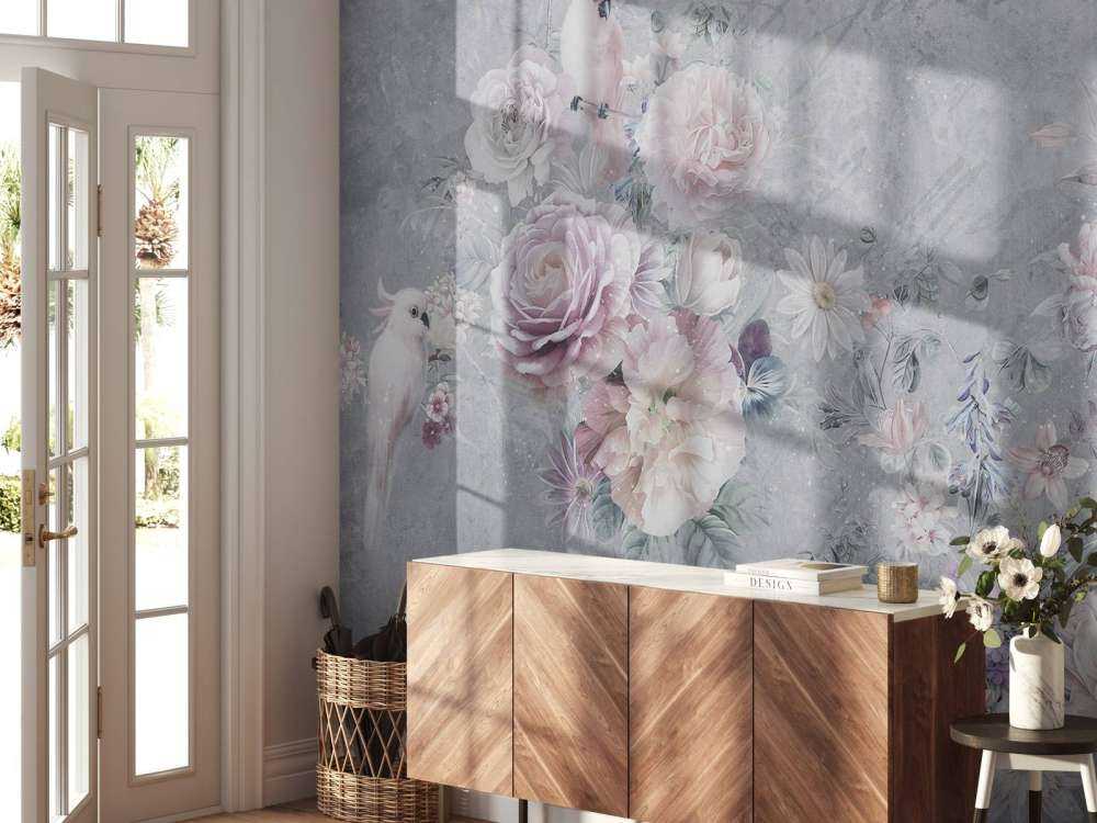 Papageien zwischen Blumen
