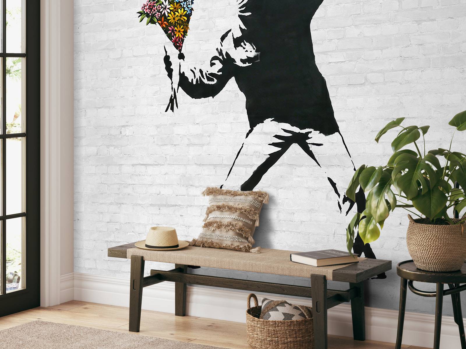 Banksy - Flower thrower, white bricks