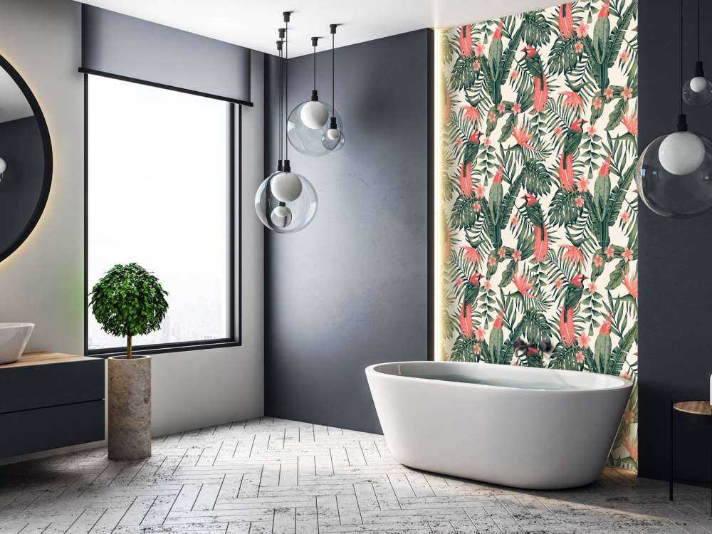 Tropische Pflanzen, Blumen und Vögel