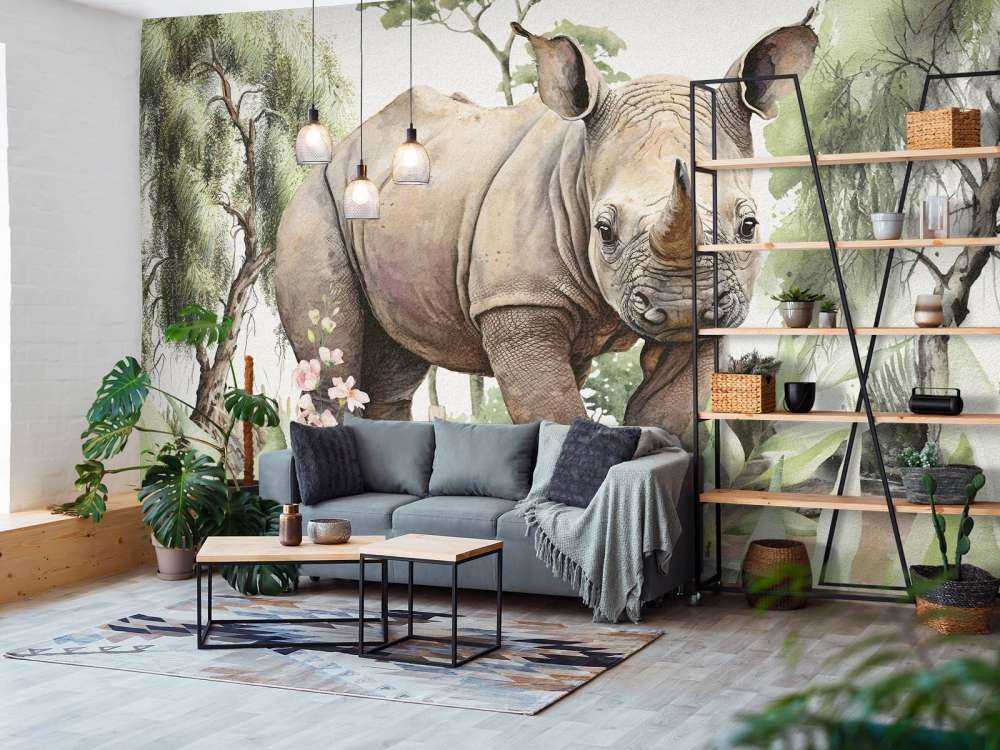 Nashornbaby in der Savanne