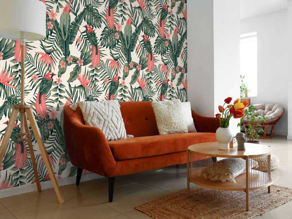 Tropische Pflanzen, Blumen und Vögel