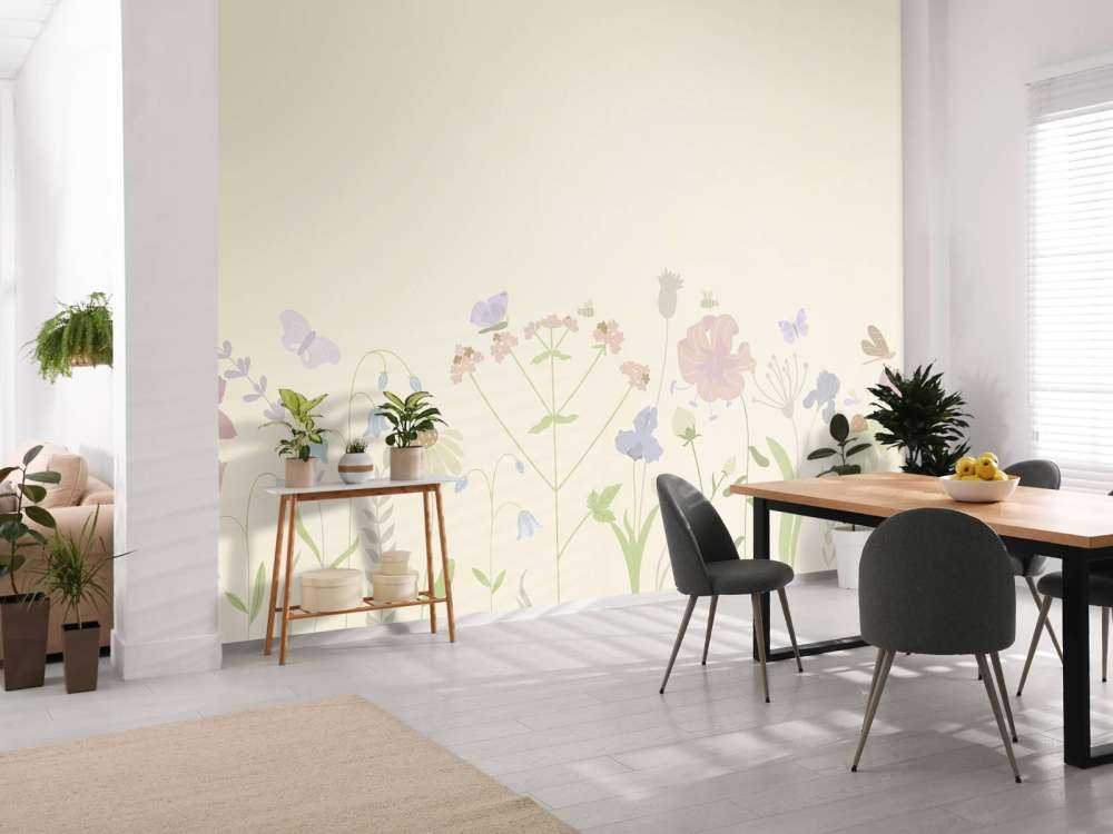 Blumenfeld mit Schmetterlingen beige, altrosa, grün und fliederfarben
