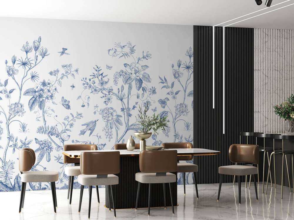 Florale Illustration, blau und weiß