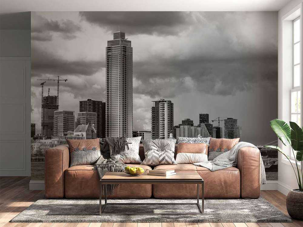 Skyline von Rotterdam (Westerkade) von Katendrecht aus (schwarz-weiß) 
