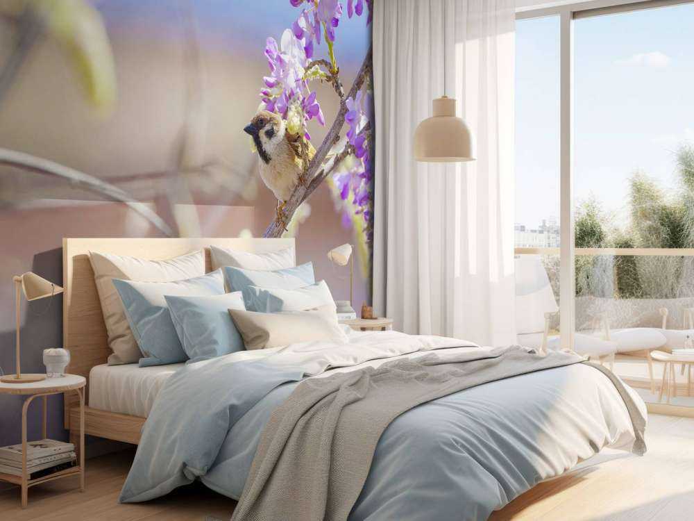 Spatz und lila Blumen