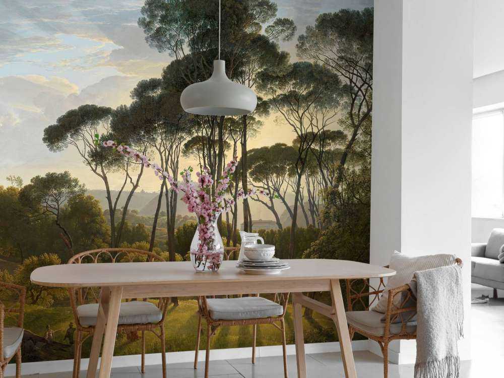 Italienische Landschaft mit Schirm Kiefern auf Fototapete