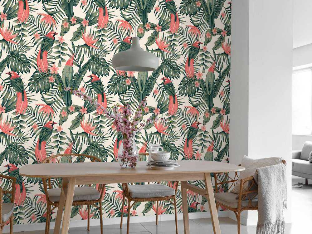 Tropische Pflanzen, Blumen und Vögel