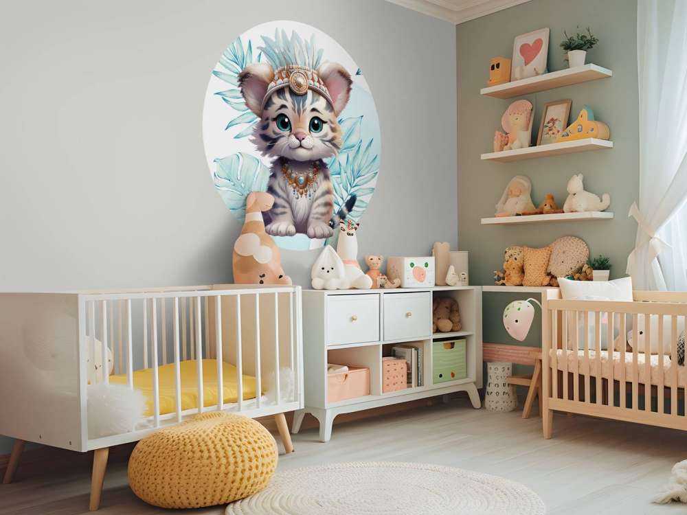 Babytiger und blaues Blatt