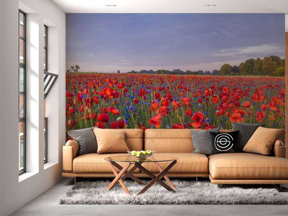 Blaue Blumen und rote Mohnblumen