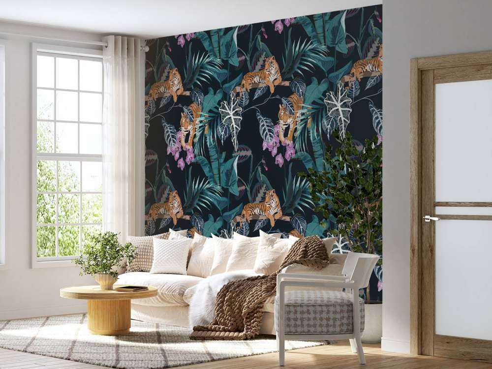 Tiger, Blätter und Blumen