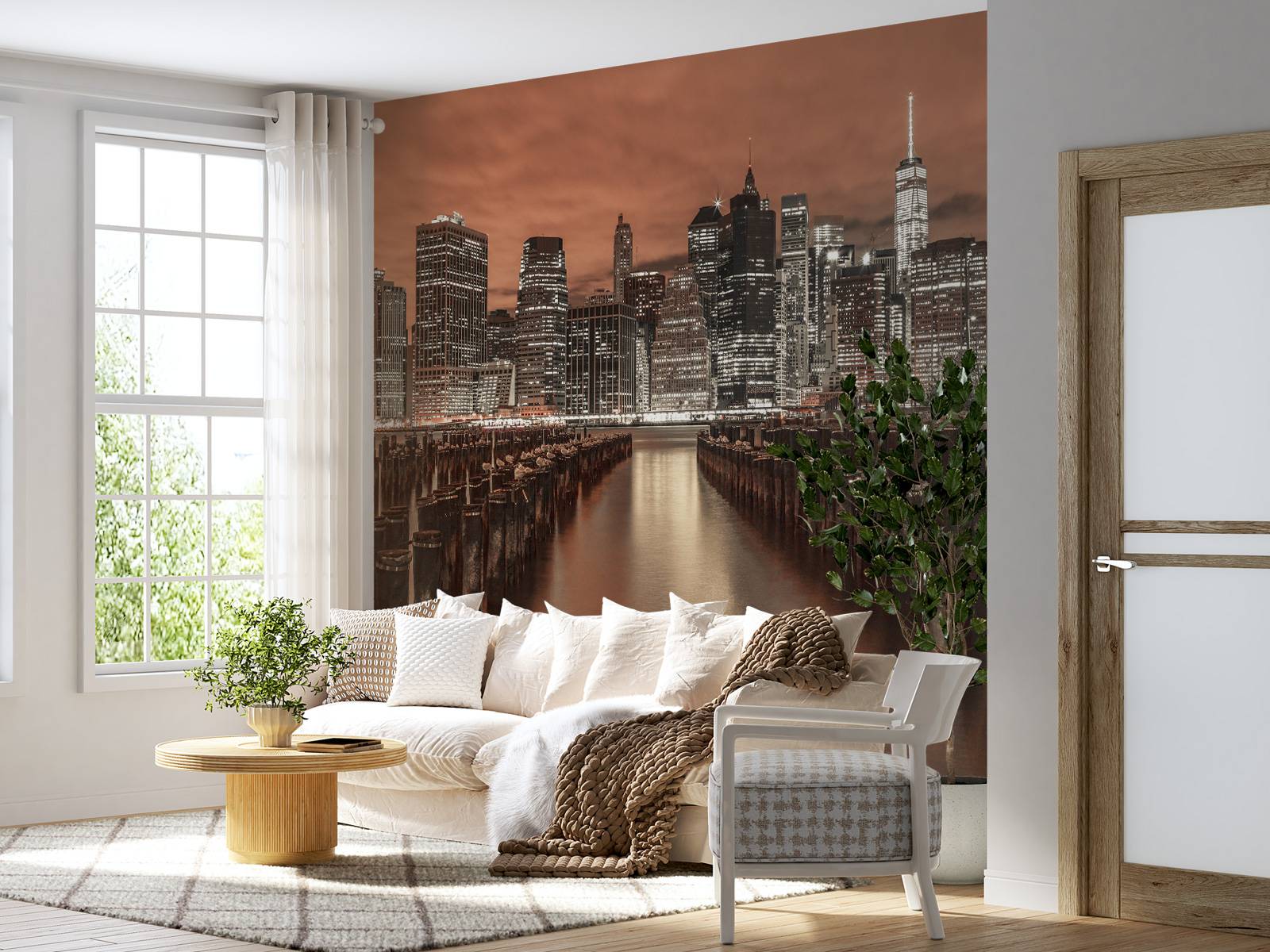 Skyline von Manhattan mit Wellenbrechern