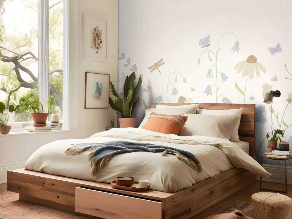 Blumenfeld hoch mit Schmetterlingen beige, altrosa, grün und flieder