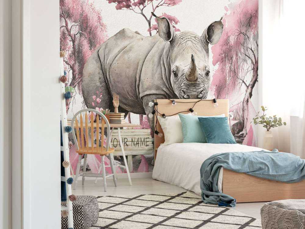 Baby-Nashorn in der Savanne rosa