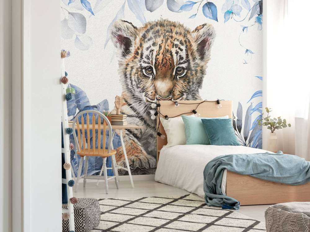 Niedlicher Tiger mit Pflanzen blau