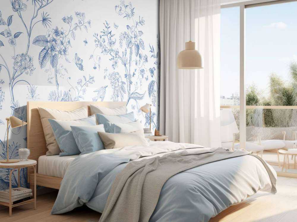 Florale Illustration, blau und weiß