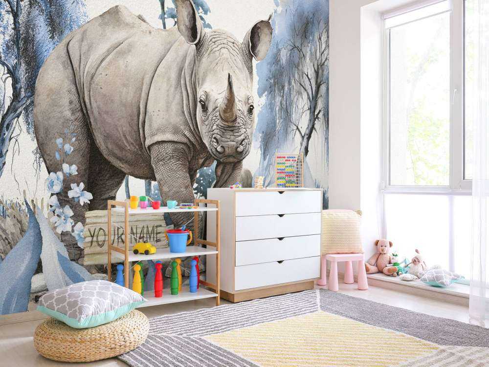Baby-Nashorn in der Savanne blau