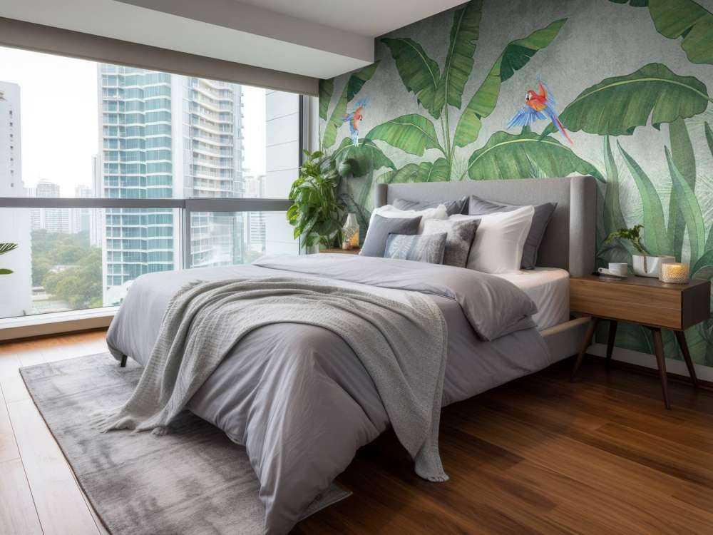 Tropische Blätter auf Beton