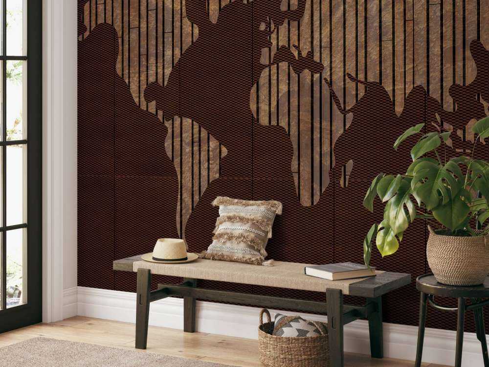 Weltkarte mit Holztextur
