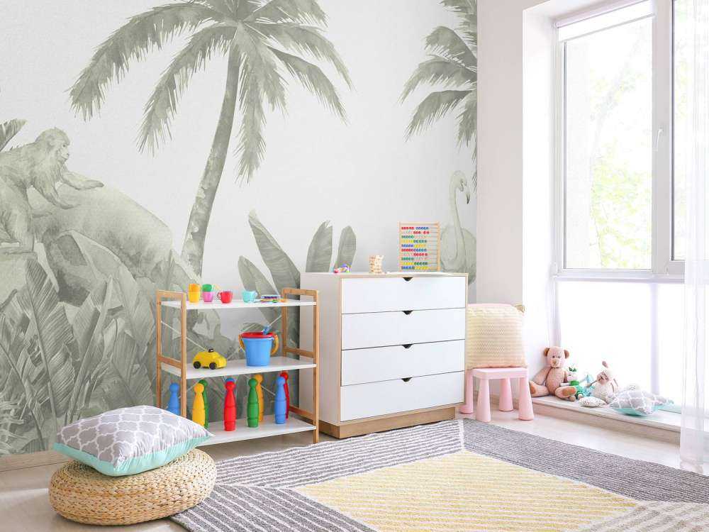 Affen und Flamingos in Grün