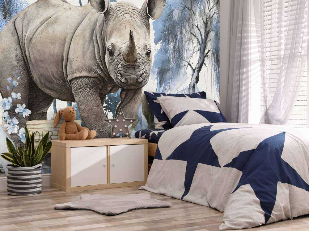Baby-Nashorn in der Savanne blau