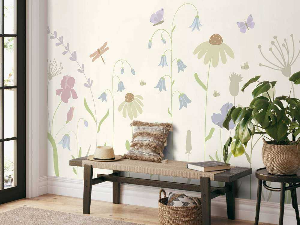 Blumenfeld hoch mit Schmetterlingen beige, altrosa, grün und flieder