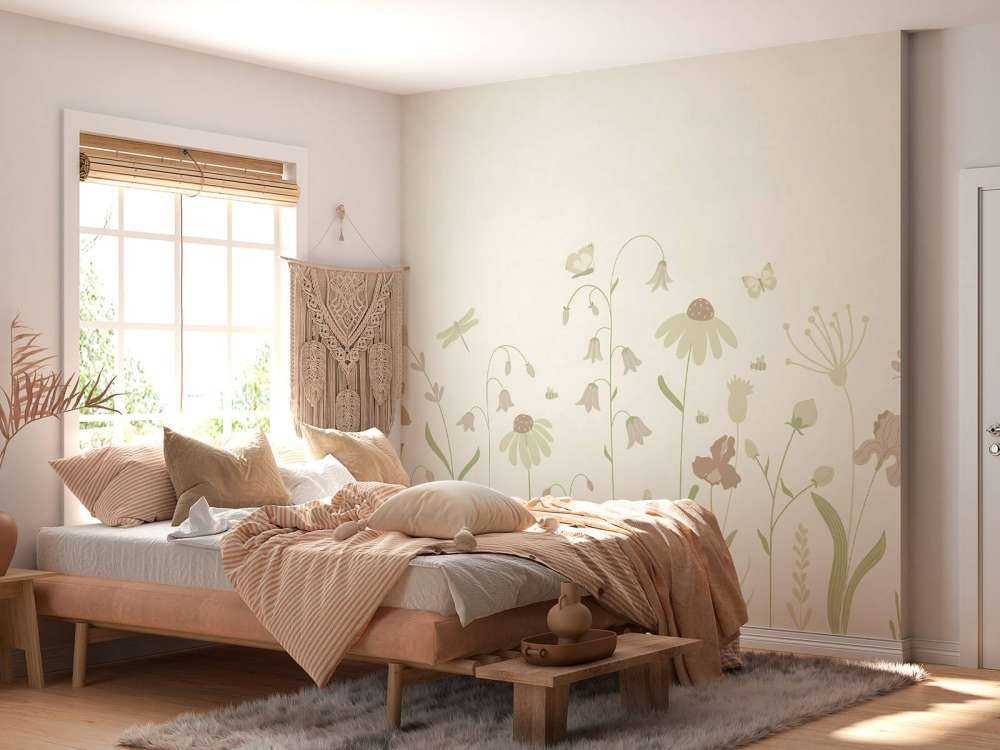 Blumenfeld hoch mit Schmetterlingen beige und altrosa