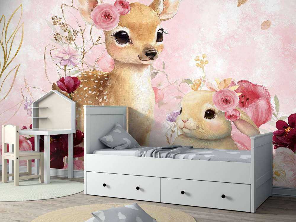 Hert und Kaninchen in Blumenpracht