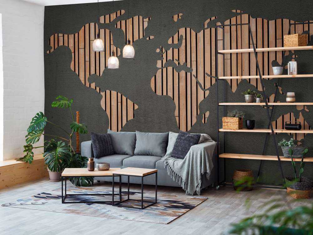 Weltkarte mit Holztafeln