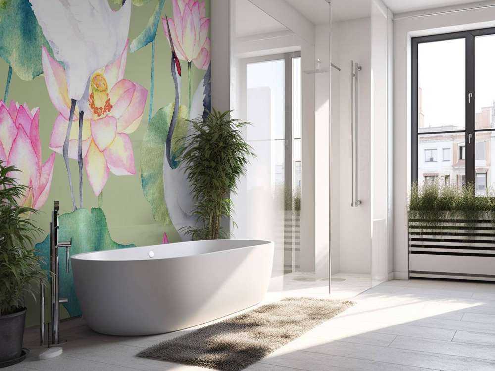 Kraniche zwischen Blumen
