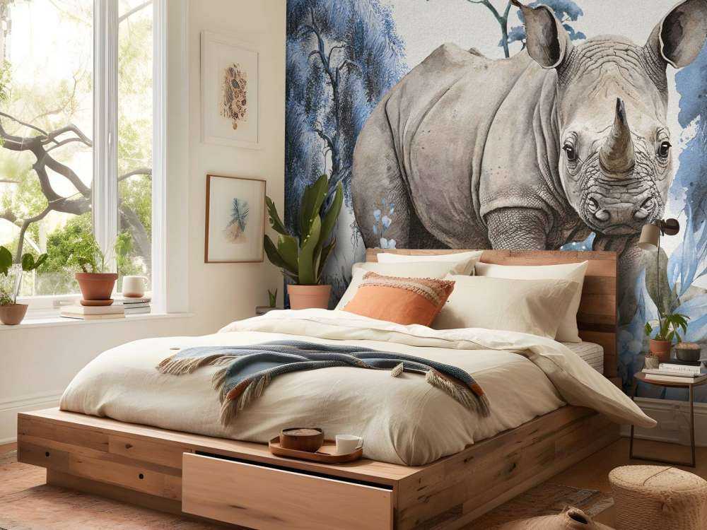 Baby-Nashorn in der Savanne blau