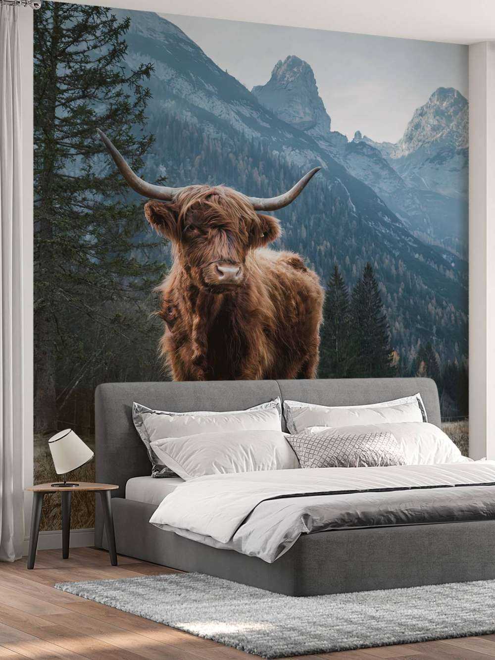 Schottischer Hochländer zwischen den Bäumen