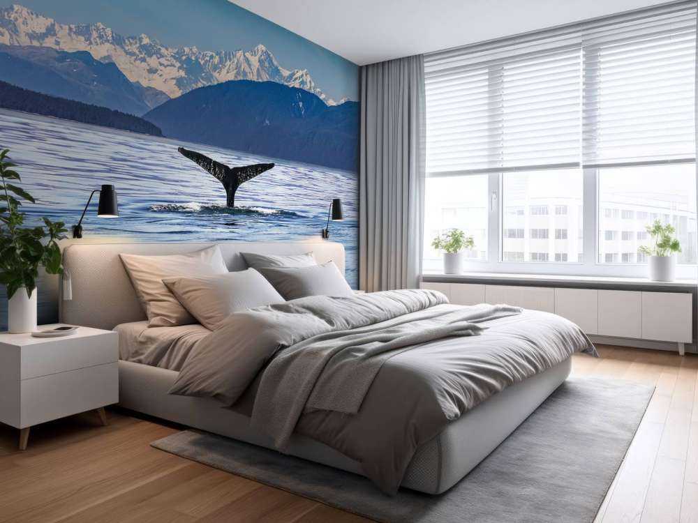 Tauchender Wal mit Bergen im Hintergrund