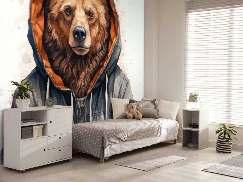 Aquarell-Cartoon-Grizzlybär in einem Hoodie