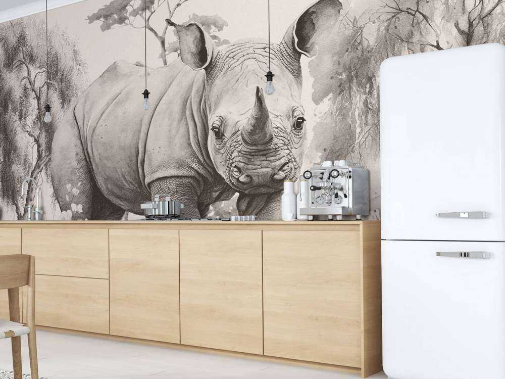Baby Nashorn in der Savanne beige