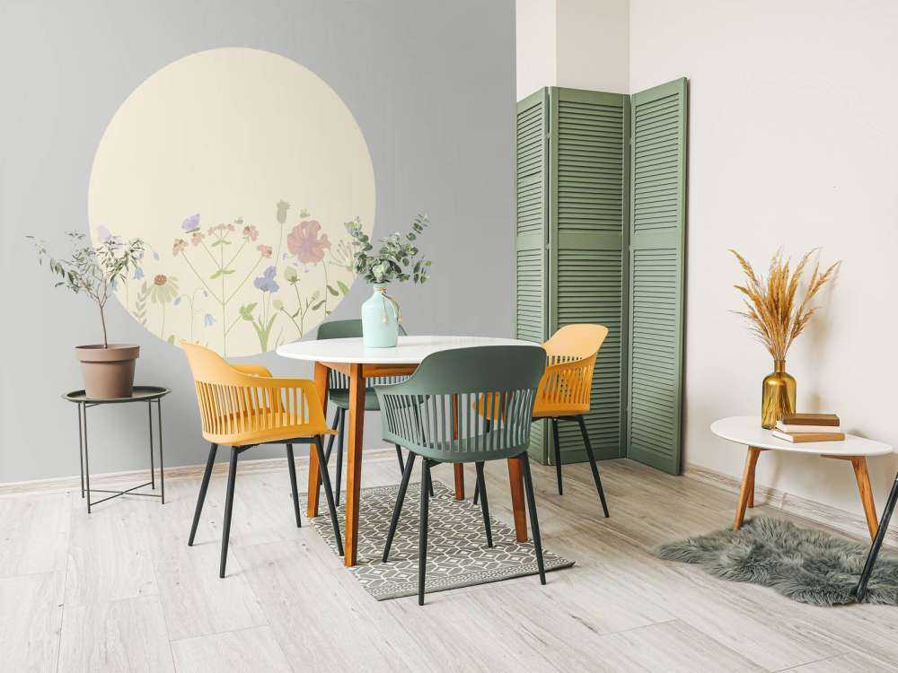 Blumenfeld mit Schmetterlingen beige, altrosa, grün und fliederfarben