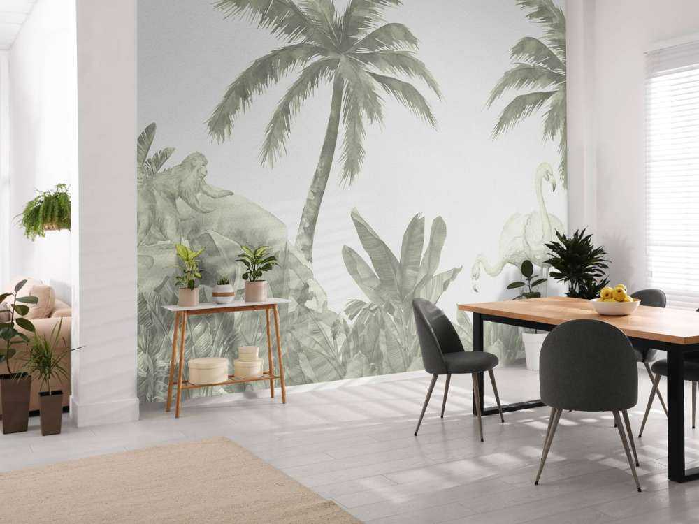 Affen und Flamingos in Grün