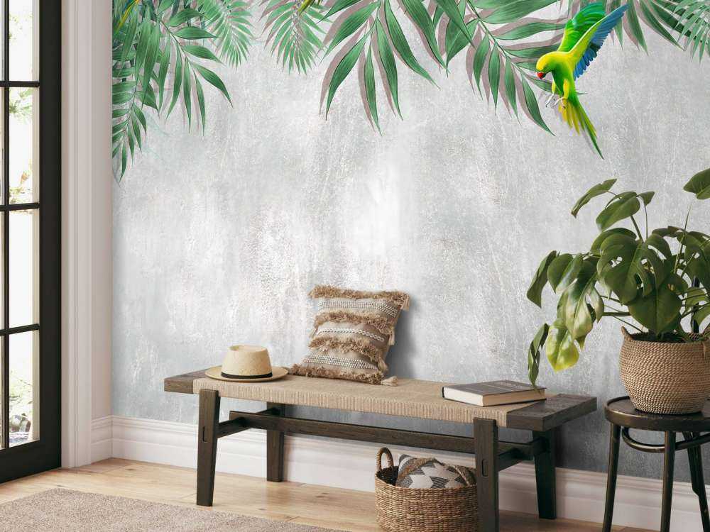 Tropische Blätter und Sittiche