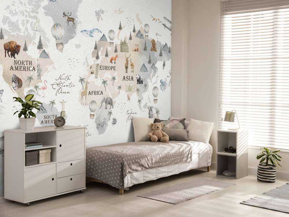 Weltkarte mit verschiedenen Tieren