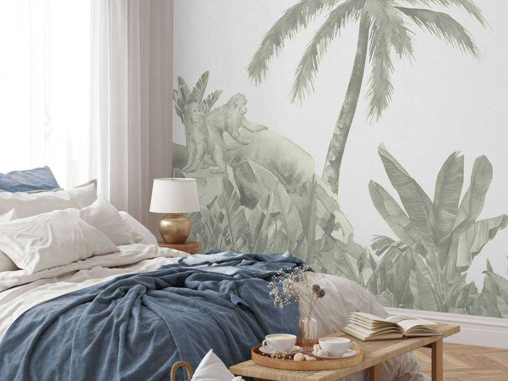 Affen und Flamingos in Grün