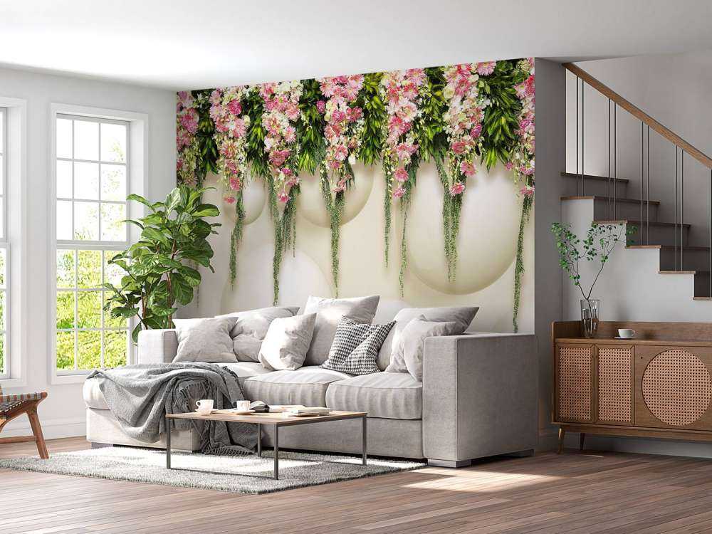 Hängende rosa Blumen an 3D-Wand