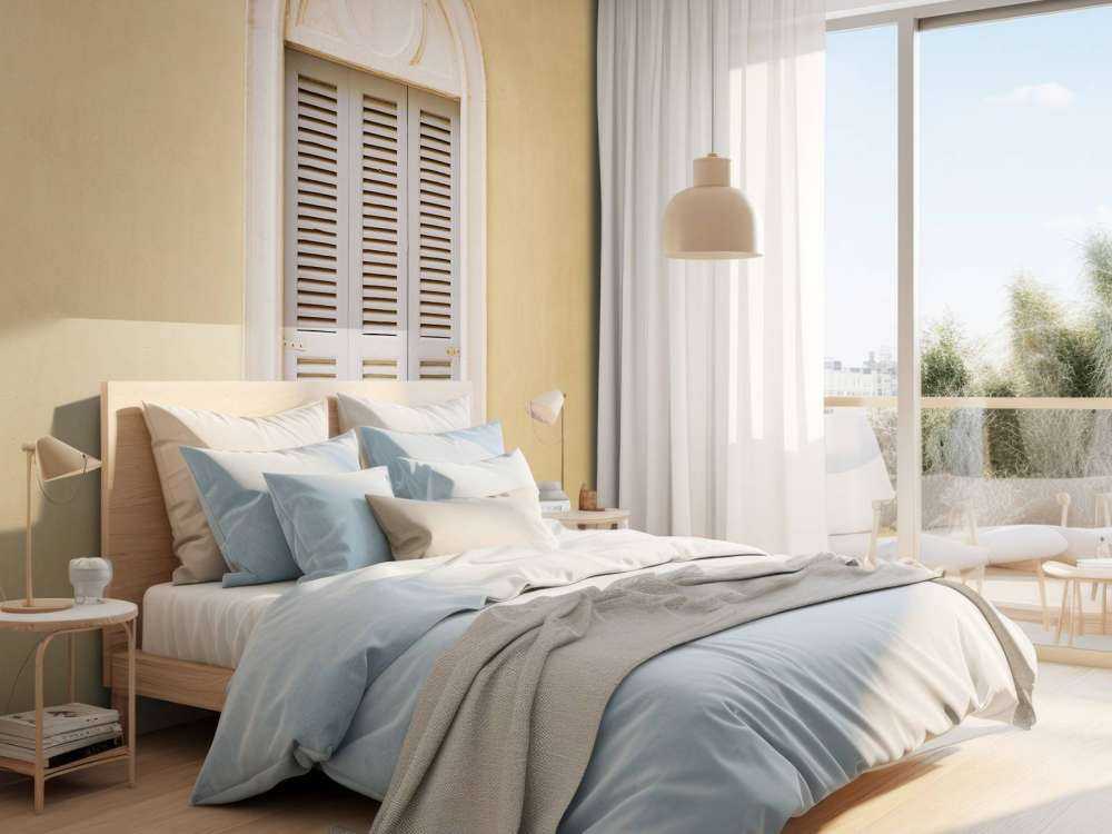 Fenster mit hölzernen Fensterläden auf gelber Wand