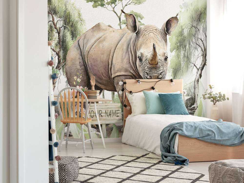 Nashornbaby in der Savanne