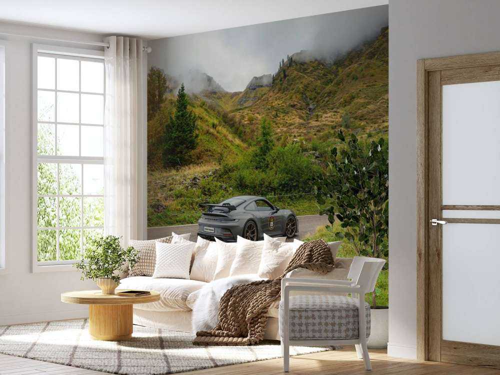 Sportwagen durch Bergnebel