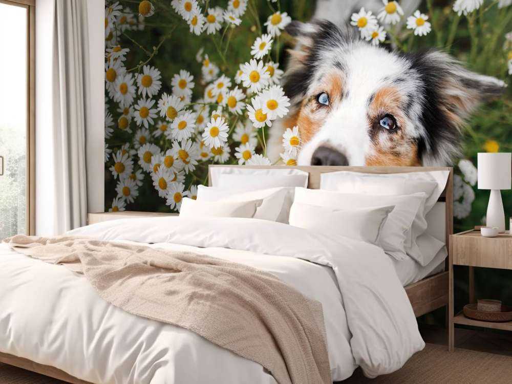 Australischer Schäferhund unter Blumen